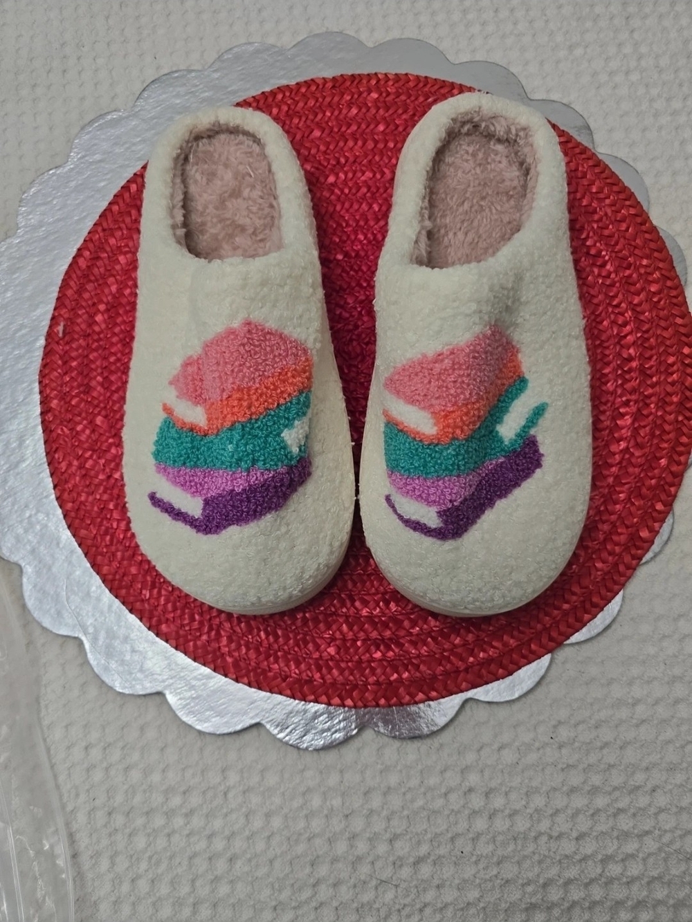 Cozy Cream Slip-On Slippers with Colorful Stack Design